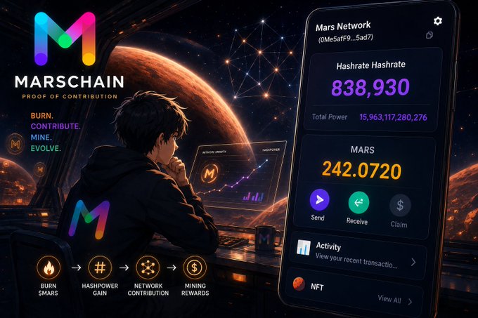 A promotional image for 'MarsChain Proof of Contribution' showing a person monitoring a digital dashboard with a hashrate of 838,930 and 242.0720 MARS tokens, set against a Mars landscape.