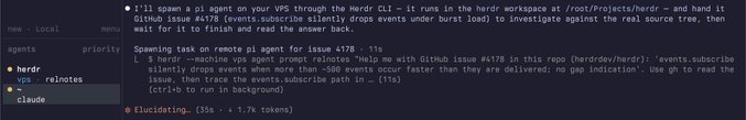 A terminal screenshot showing a local Herdr CLI session that spawns a pi agent running GitHub issue #4178 with relay.io tokens, while the accompanying post announces herdr 0.9.1's remote fixes and new `--machine` flag for managing agents locally or remotely.
