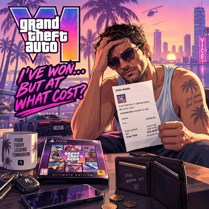 A stylized illustration parodying Grand Theft Auto VI featuring a stressed man holding an order receipt for the Grand Theft Auto VI Ultimate Edition (EUR 99.99), surrounded by merch including a mug reading "POOR TODAY LEGEND TOMORROW" and a wallet saying "STILL WORTH IT?" with the tagline "I'VE WON... BUT AT WHAT COST?"