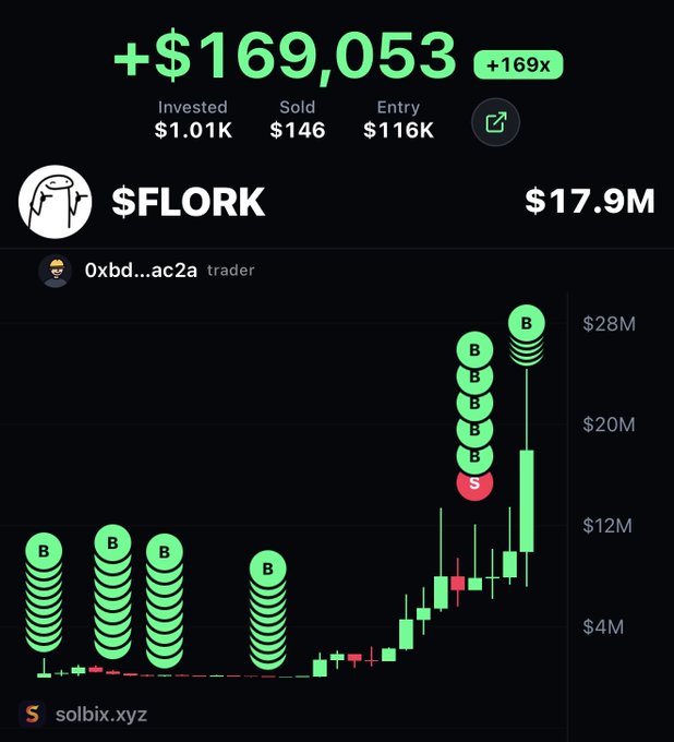 The image displays a trading dashboard for the $FLORK token, showing a profit of +$169,053 (+169x) from an investment of $1.01K against a $116K entry, with only $146 sold so far, attributed to trader "0xbd…ac2a" on solbix.xyz. The candlestick chart visualizes buy (B) and sell (S) points, illustrating how early, low-cost purchases led to massive gains as $FLORK's price surged to a $17.9M market cap.