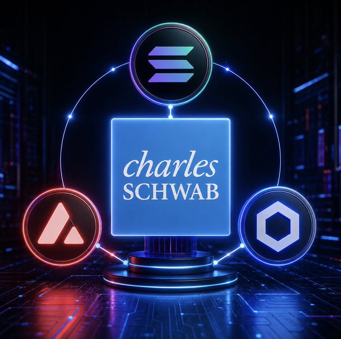 A glowing neon-style graphic displays the "charles SCHWAB" logo at its center, connected by illuminated lines to the logos of Solana (top), Avalanche (bottom left), and Chainlink (bottom right), symbolizing the financial institution's expansion into these altcoins. The interconnected design visually reinforces the post's message about Schwab's crypto platform broadening access beyond Bitcoin and Ethereum.