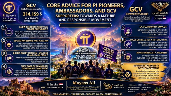 A detailed infographic titled "CORE ADVICE FOR PI PIONEERS, AMBASSADORS, AND GCV SUPPORTERS" displays principles for the Pi Network and GCV community, authored by "Mayass Ali" and "Pi Empire GAV."