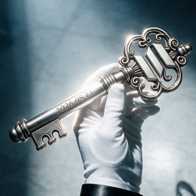 A white-gloved hand holds up an ornate silver key engraved with "2026.08.13," symbolizing the unlocking of continuous 24/7 silver trading for the $SILV token by Dominion Market on Solana. The key imagery reinforces the post's message of opening access to silver markets beyond traditional trading hours.