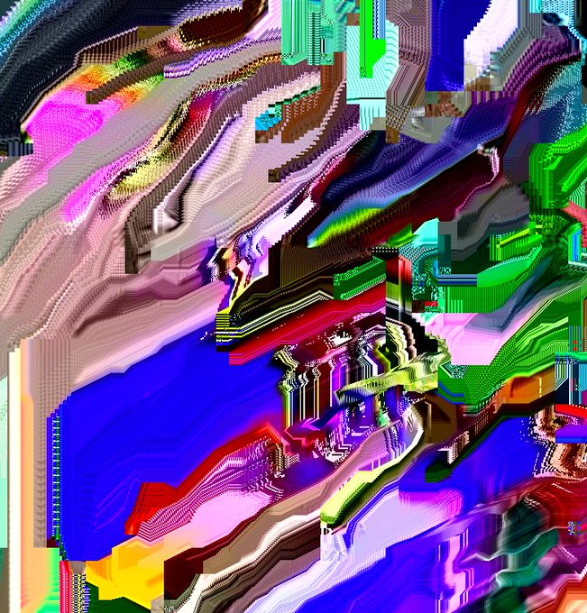 A vibrant abstract glitch composition by Thomas Collet (Chepertom), featuring chaotic waves of pink, blue, green, and purple with pixelated distortions characteristic of datamoshing, released in 2021 as a 10-edition digital artwork minted on Tezos via objkt.