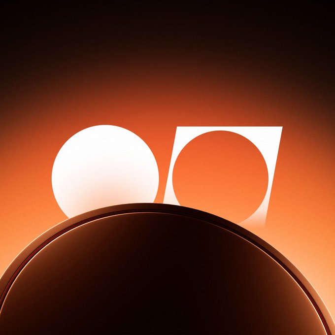 Abstract digital artwork featuring a white circle and square/circle shape against an orange gradient background with a dark curved shape at the bottom.