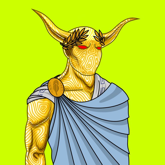 A digital illustration depicts a golden-armored figure with a horned helmet adorned with laurel leaves and a flowing blue toga, set against a bright yellow-green background.