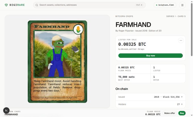 The image shows a DigiRare NFT marketplace listing for a "Bitcorn Crops" digital trading card titled "FARMHAND" by Roger Pipennan, with a listed price of 0.00325 BTC and currently 17 holders on chain. This relates to the post about developing a PSBT (Partially Signed Bitcoin Transaction) marketplace for Counterparty assets, as the listing interface demonstrates how such peer-to-peer trading functionality for Bitcoin-based tokenized collectibles would appear to users.