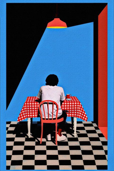 The image features a person sitting at a table with a checkered floor, wearing a white shirt and red shoes. The background of the image has shades of blue, which adds depth to the scene. There are two tables present in the image - one where the person is seated and another that appears empty. A chair can be seen near the person's table as well.