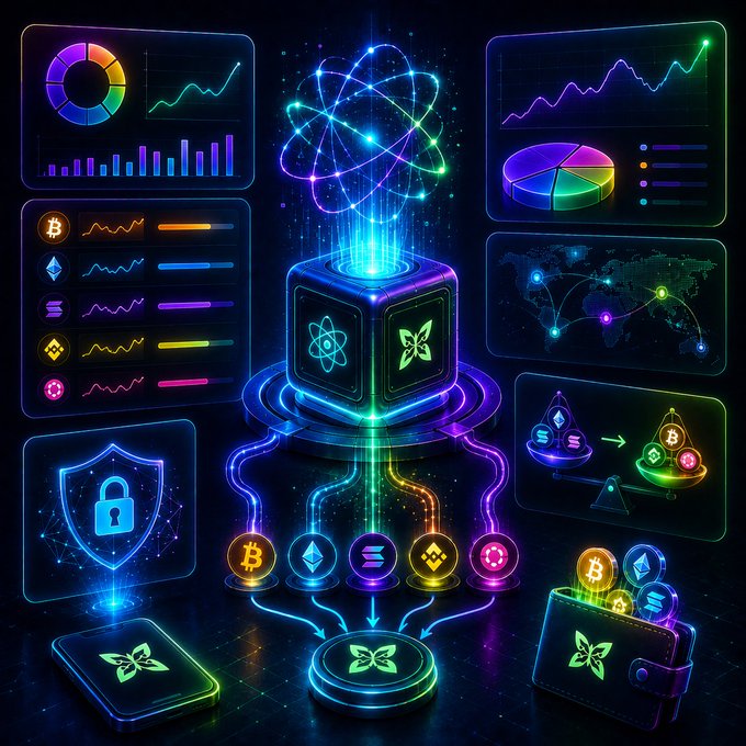 A digital illustration of a futuristic world, featuring a cube-shaped structure with glowing blue and purple lights at the center, surrounded by various symbols and icons representing different aspects of modern life.