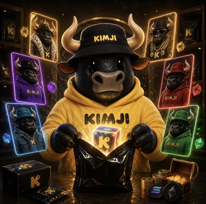 Digital artwork featuring an anthropomorphic bull wearing a yellow 'KIMJI' hoodie and a black 'KIMJI' cap, opening a black foil package to reveal a glowing 'K' block, surrounded by neon-framed portraits of the character in various outfits and scattered with gold coins, gems, and cryptocurrency tokens.