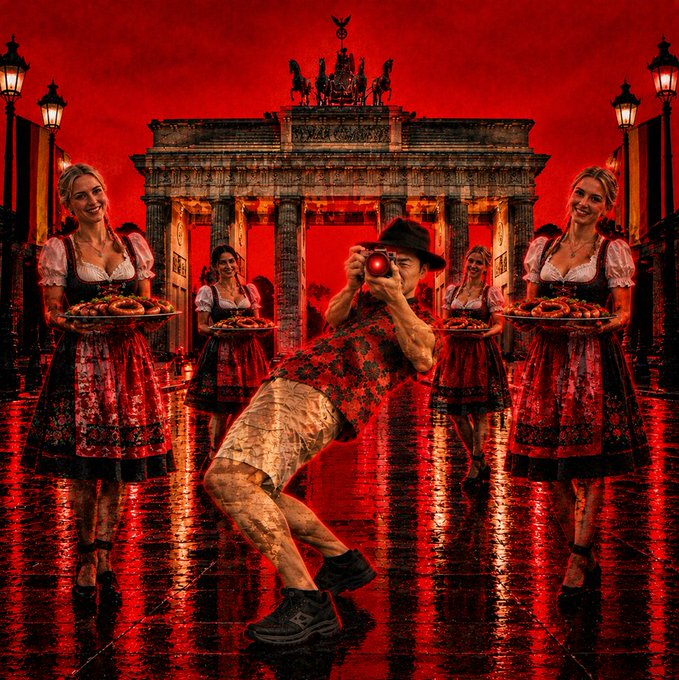 A digitally stylized image showing a man in a hat taking a photograph in front of the Brandenburg Gate, flanked by women in traditional German dirndls holding trays of pretzels, all under a deep red sky.