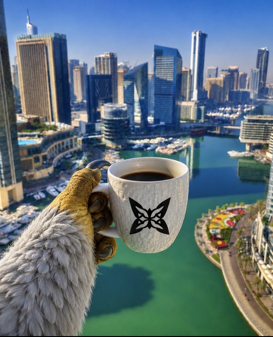 A furry paw holding a white coffee mug with a butterfly logo, set against a backdrop of a marina cityscape (appearing to be Dubai).