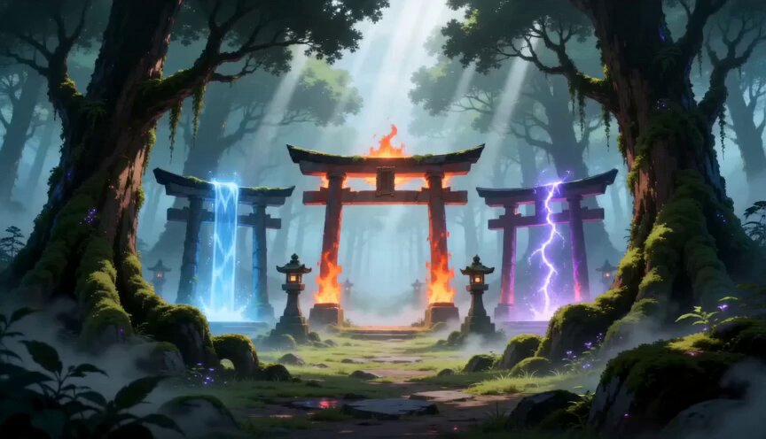 The image features a scene with three torii gates, each adorned with fire and lightning bolts, set against a forest backdrop. The gate closest to the viewer has a blue flame, while the other two have red flames. The torii gates are surrounded by trees and bushes, creating an immersive and fantastical atmosphere.