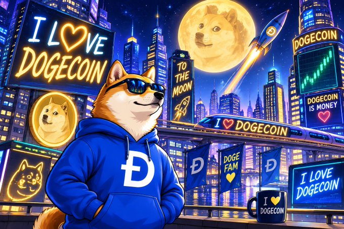 A cartoon Shiba Inu wearing sunglasses and a blue 'D' hoodie stands in a vibrant nighttime cityscape filled with 'I LOVE DOGECOIN' signs, Doge moon imagery, and a rocket labeled 'TO THE MOON'.