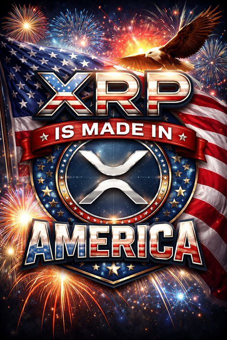 A patriotic graphic featuring the XRP logo, an American flag, and a bald eagle with the text "XRP IS MADE IN AMERICA," celebrating American patriotism and tying the cryptocurrency to U.S. heritage. The bold design and messaging align with the post's claim that XRP is a true American digital asset, commemorating America's 250th birthday.

Source: https://x.com/SetDad/status/1939298786932781476