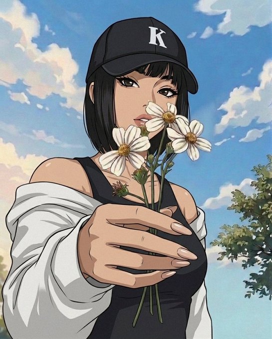 A stylized illustration of a woman wearing a black 'K' cap and tank top holding a bouquet of white daisies against a blue cloudy sky background.