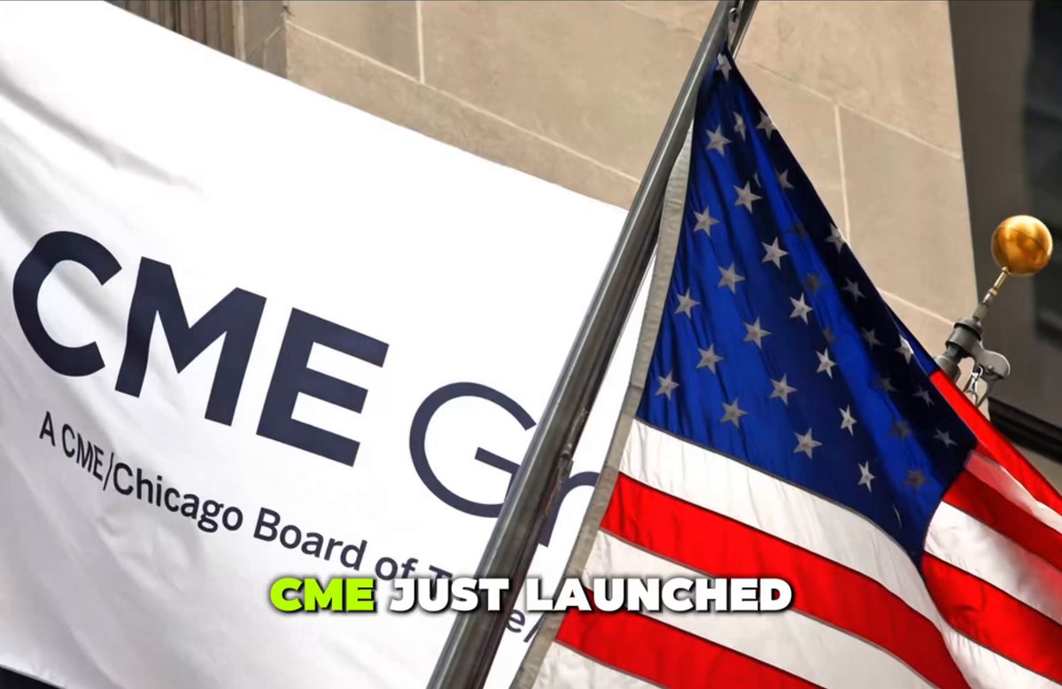 The image features a large American flag flying high above a banner that says "CME" and "GME". The banner also includes text about the launch of CME's XRP futures, which are expected to be active 24/7. This suggests that major players in the financial markets want nonstop exposure to XRP as it gains momentum.