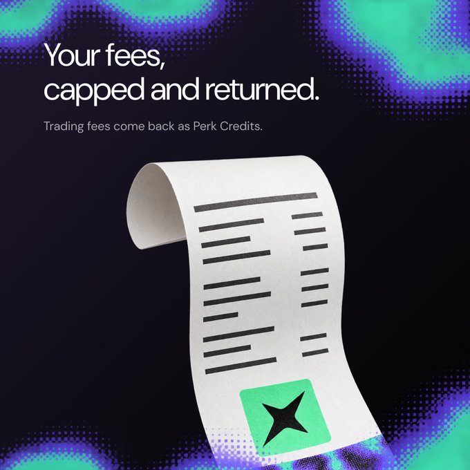 A promotional graphic featuring a 3D-rendered receipt with the heading "Your fees, capped and returned" and the tagline "Trading fees come back as Perk Credits," illustrating the post's message that 90% of trading fees are rebated as Perk Credits (up to a cap) from a rewards pool exceeding $100,000, redeemable in the perk.money shop.
