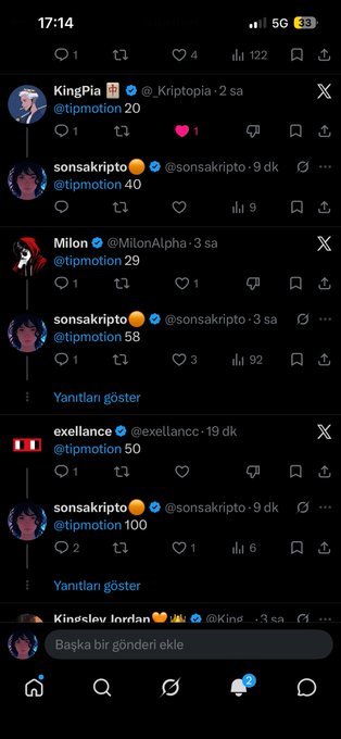 A screenshot of a social media feed (appears to be X/Twitter) in Turkish showing multiple replies to user @tipmotion from accounts including KingPia, sonsakripto (20, 40, 58, 100), Milon (29), and exellance (50), with engagement metrics displayed.