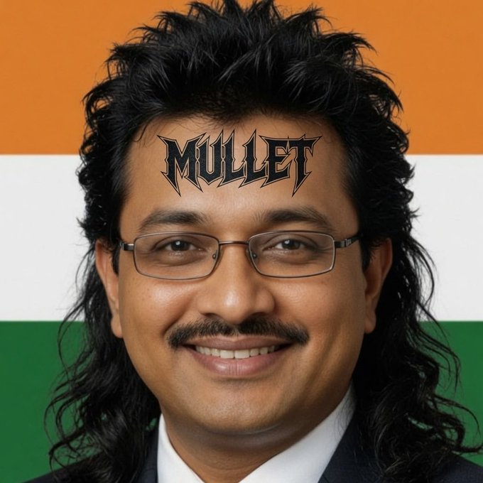 The image features a man with long hair, wearing glasses and a suit. He has a tattoo of the word "Mullot" written on his forehead. The background behind him displays an Indian flag, which adds cultural context to the scene. The caption "Hory Fuck beauty" suggests that the man is being referred to as a "beautiful" or "lovely" individual in the context of the image and its post.