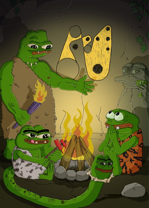 A digital illustration of Pepe the Frog and other frog characters in a prehistoric cave setting gathered around a campfire, with a caveman frog holding a torch near a stone carving of the '60' meme face.