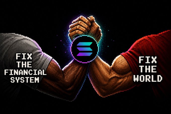 Two muscular arms clasp hands in a competitive grip with a Solana (SOL) logo at the center, flanked by the text 'FIX THE FINANCIAL SYSTEM' on the left and 'FIX THE WORLD' on the right.