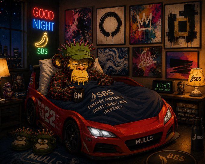An AI-generated digital artwork showing a Bored Ape-style NFT character in a green cap sleeping in a red Ferrari bed, surrounded by neon signs ('GOOD NIGHT', 'SBS'), Basquiat-style paintings, and 'SBS FANTASY FOOTBALL' bedding.