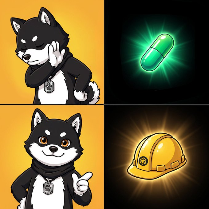 The image shows a four-panel meme featuring a black and white cartoon Shiba Inu in two poses (eyes closed in a dismissive gesture, then smiling approvingly) alongside a glowing green pill and a yellow construction hard hat. The panels contrast chasing a quick "pill" (pump/high) versus choosing the "hard hat" (building long-term value), visually reinforcing the caption's message about choosing to build something lasting over chasing fleeting pumps.