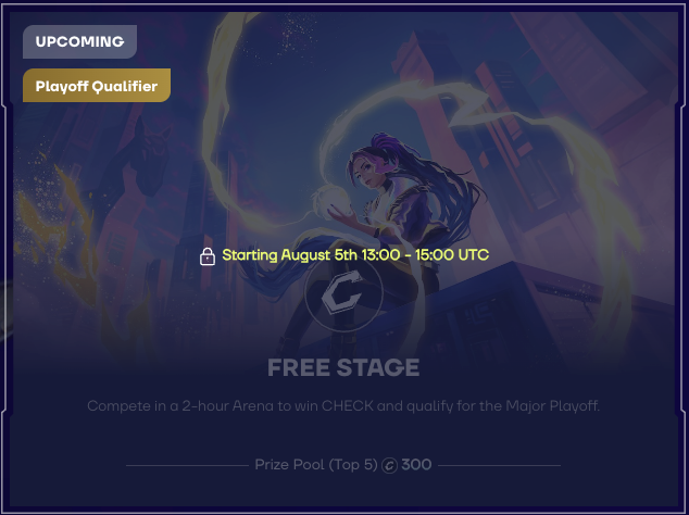 The image promotes an upcoming "Playoff Qualifier" tournament starting August 5th from 13:00-15:00 UTC, featuring a Free Stage with a 300 $CHECK prize pool for the top 5. This aligns with the post's announcement of a free-entry tournament with random spells and a playoff-qualifying result, highlighting the zero-cost entry and $CHECK prize incentive.