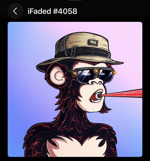 The image shows a stylized cartoon monkey wearing a beige hat, sunglasses, and breathing red laser beams, with "iFaded #4058" displayed at the top, representing a Primal NFT being given away in the post's contest.