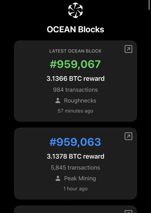 A mobile app interface for 'OCEAN Blocks' showing the latest Bitcoin mining block #959,067 with a 3.1366 BTC reward mined by Roughnecks.