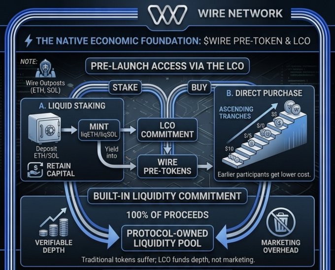 An infographic for 'WIRE NETWORK' details 'THE NATIVE ECONOMIC FOUNDATION: $WIRE PRE-TOKEN & LCO', explaining 'PRE-LAUNCH ACCESS VIA THE LCO' through Liquid Staking and Direct Purchase, leading to 'BUILT-IN LIQUIDITY COMMITMENT'.