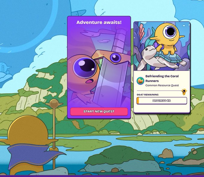An underwater-themed digital game interface displays an 'Adventure awaits!' quest titled 'Befriending the Coral Runners' alongside a cartoon octopus and turtle.