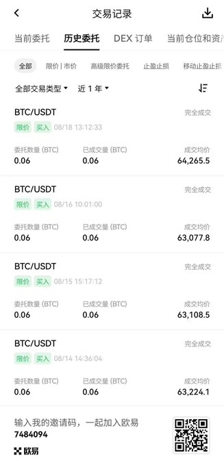 A Chinese-language transaction history screen showing BTC/USDT buy orders over the past year, with prices ranging from $63,077.8 to $64,265.5.