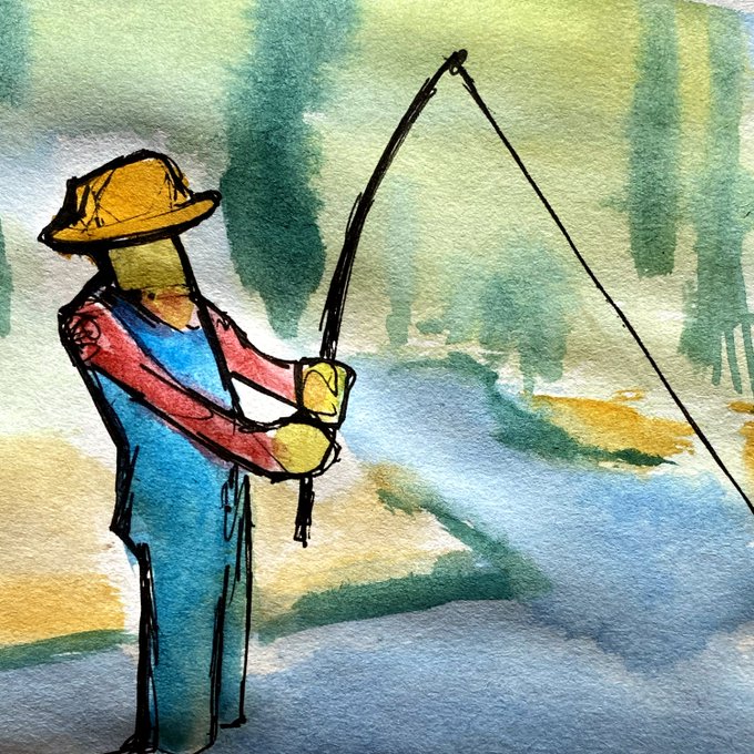 A watercolor and ink painting depicting a fisherman wearing a yellow hat, blue overalls, and a red shirt, holding a fishing rod that arcs gracefully to the upper right against a soft green and blue background.