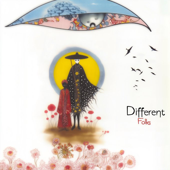 An artistic book cover titled 'Different Folks' featuring surreal imagery: a large decorative eye at the top, a tall figure in a dark robe and wide-brimmed hat standing beside a smaller red-cloaked figure, a yellow sun, flying birds, and pink floral illustrations.
