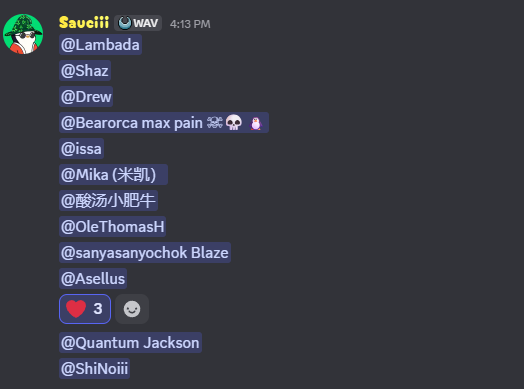 A Discord message from user Sauciti at 4:13 PM tagging multiple users including @Lambada, @Shaz, @Drew, @Bearorca, @issa, @Mika, and others.