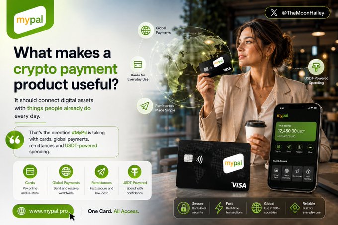 A promotional graphic for 'mypal' asks 'What makes a crypto payment product useful?' and showcases features like cards, global payments, and remittances alongside images of a woman with a credit card.