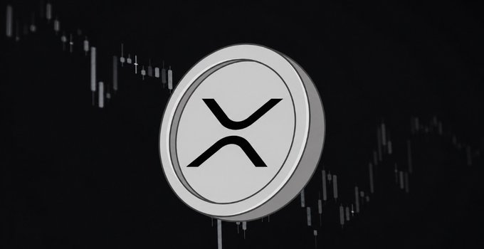 A 3D rendering of the XRP cryptocurrency logo in silver/white against a dark background with candlestick chart patterns.
