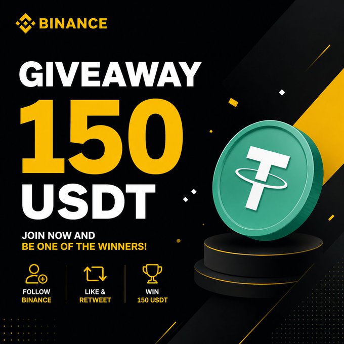 A Binance promotional giveaway graphic offering 150 USDT, with instructions to follow Binance, like & retweet, and win the prize, featuring a green USDT Tether coin illustration.