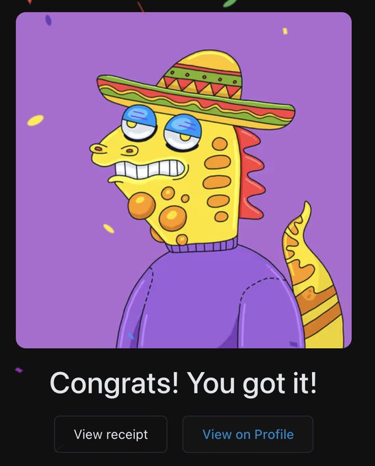 A digital profile screen featuring a cartoon yellow creature wearing a purple sweater and sombrero, with the text 'Congrats! You got it!' at the bottom.