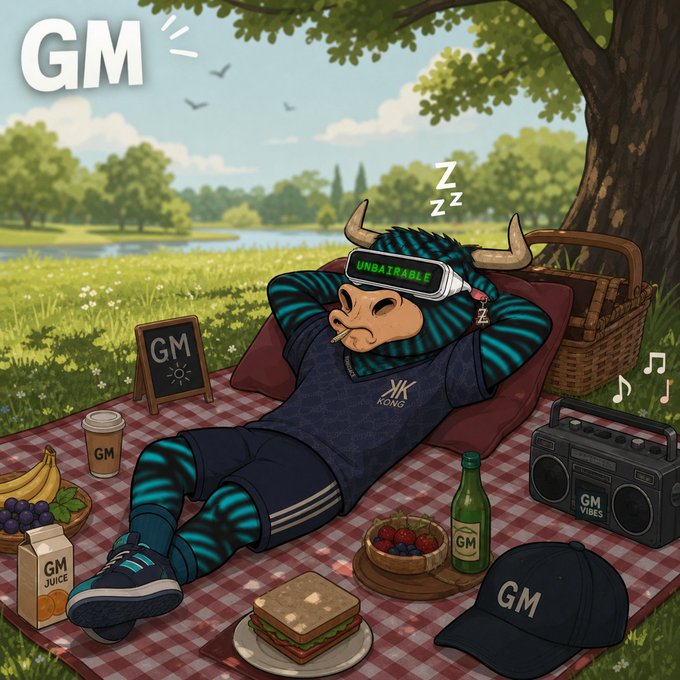 Illustration of a bull character wearing an 'UNBATRABLE' VR headset and 'KONG' branded clothing, relaxing on a picnic blanket in a meadow with 'GM' themed items like juice, vibes, and a cap.