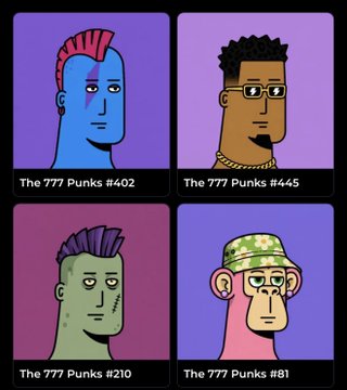 Four "777 Punks" NFT character portraits (numbered #402, #445, #210, and #81) are displayed on a black background with bold colored backdrops, each showing a unique punk-style figure with distinct features like colorful hair, glasses, and a bucket hat, matching the NFT collection being minted on SentX.