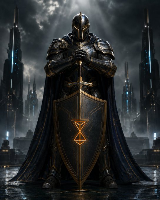 A dark fantasy illustration of an armored knight holding a sword and a large shield with a glowing orange symbol, standing before a gothic cityscape.