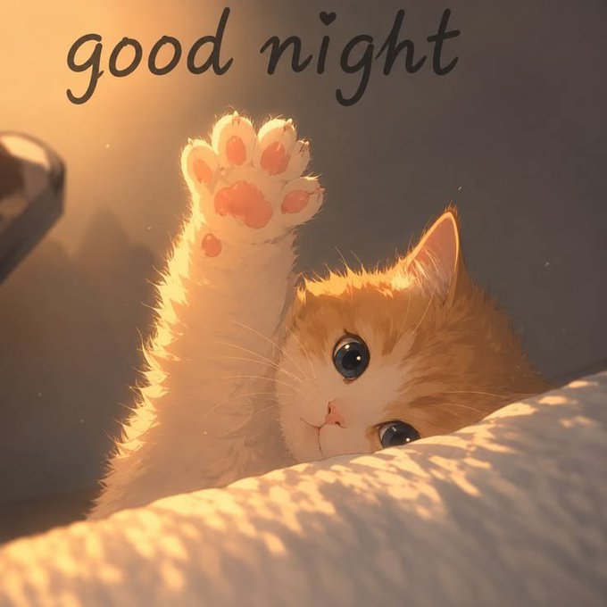 An illustrated orange and white kitten waves its paw while lying on a soft surface bathed in warm sunlight, with 'good night' written at the top.