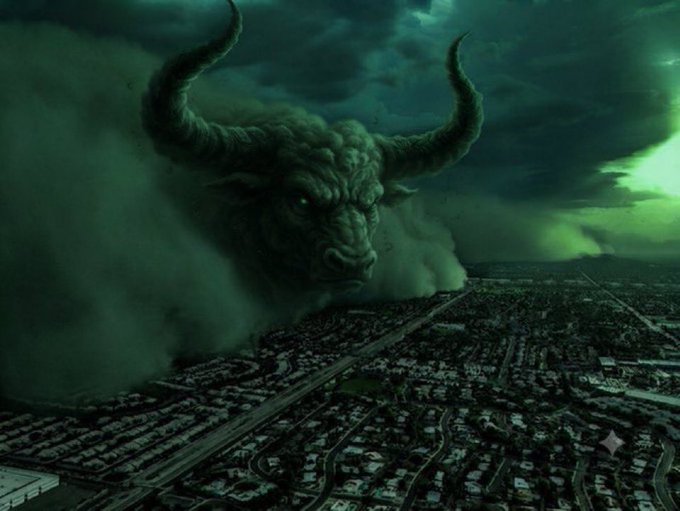 Dark fantasy digital artwork depicting a massive, horned demonic bull-like creature emerging from a swirling green storm cloud above a sprawling city.