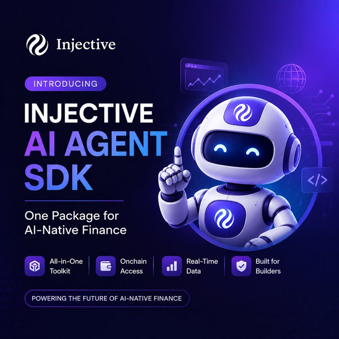 A promotional graphic for "Injective" introducing their "AI AGENT SDK," described as "One Package for AI-Native Finance," featuring a 3D white and purple robot character.