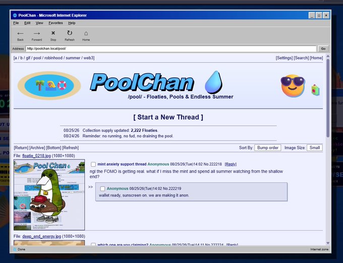 A screenshot of an old Internet Explorer browser displaying the PoolChan forum at poochan.local/pool, with discussion threads and an image of a dinosaur mascot.