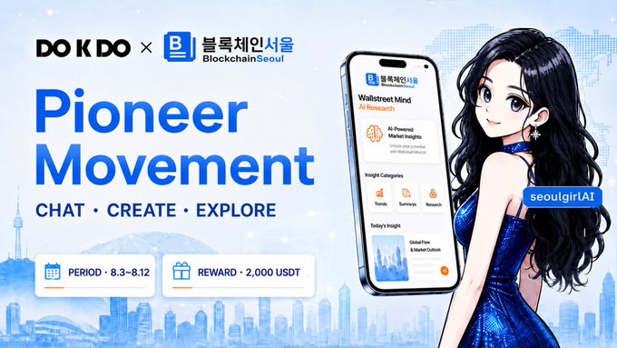 Promotional banner for a 'Pioneer Movement' campaign by DOKDO and Blockchain Seoul featuring 'Waldstreet Mind' AI Research, with a 2,000 USDT reward from August 3-12.