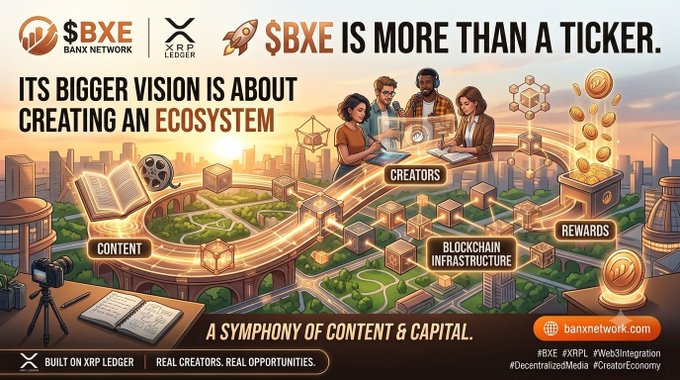 A promotional graphic for $BXE (Banx Network) on the XRP Ledger showcases its ecosystem vision, featuring illustrations of content creation, creators, blockchain infrastructure, and rewards connected by flowing golden streams against a cityscape, with the tagline "$BXE IS MORE THAN A TICKER. ITS BIGGER VISION IS ABOUT CREATING AN ECOSYSTEM" and "A SYMPHONY OF CONTENT & CAPITAL."